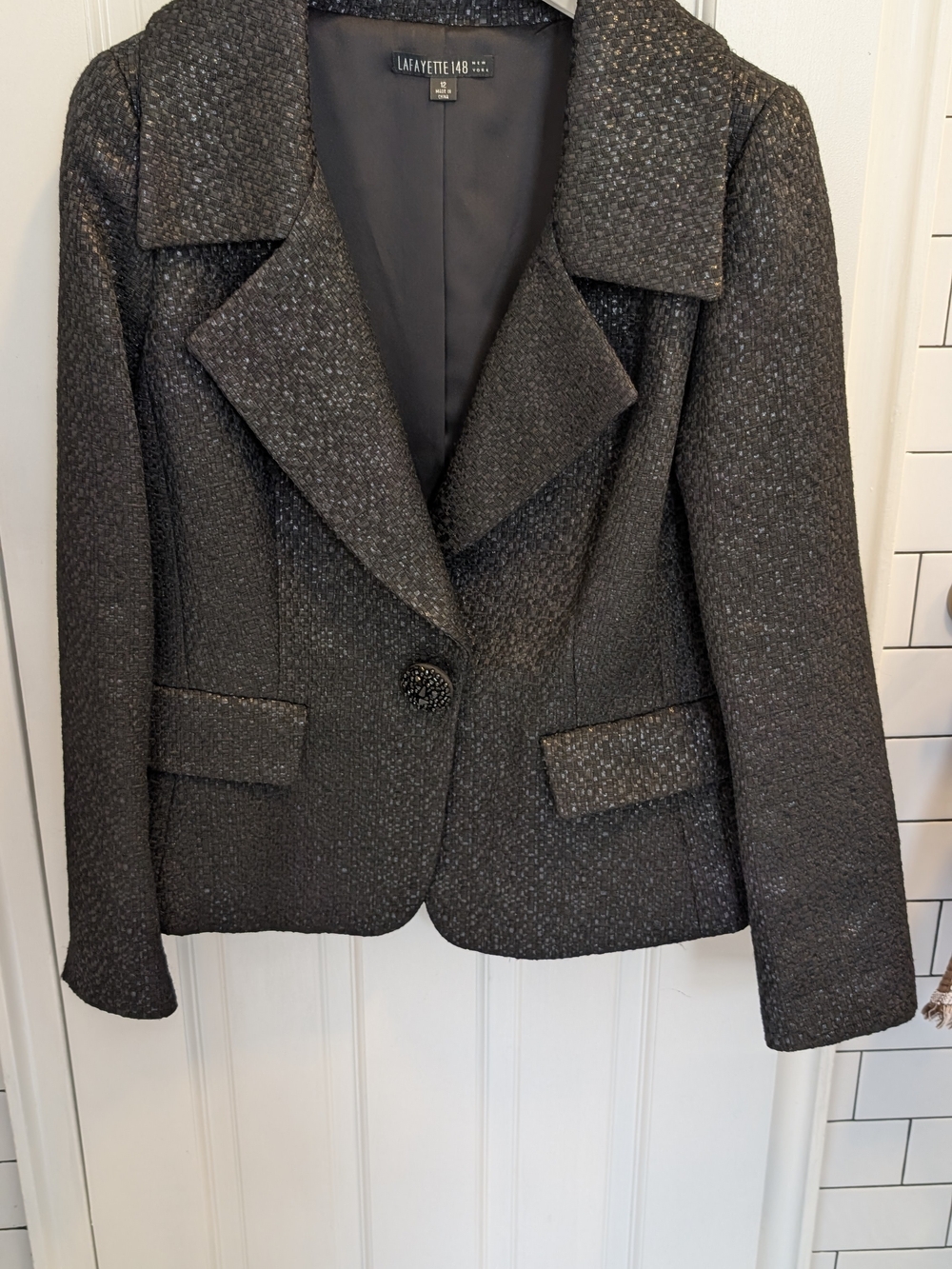Lafayette 148 New York Black Textured Tweed Blazer Jacket - Size 12